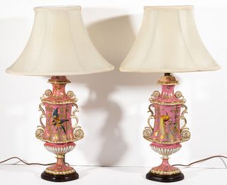 CONTINENTAL PORCELAIN HAND-PAINTED PAIR OF LAMPS, 