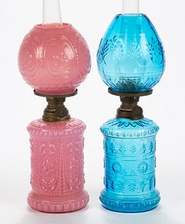 ASSORTED EMBOSSED FLORAL AND PETAL PATTERNED MINIATURE LAMPS, LOT OF TWO,