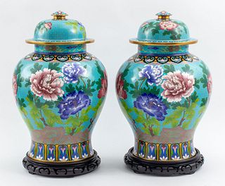 Large Chinese Cloisonne Covered Urns, Pair