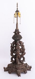 Burmese Carved Wood Sculptural Table Lamp
