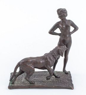 Art Nouveau Bronze Nude & Dog Erotic Sculpture