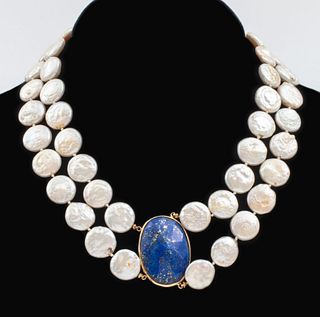 14K Gold Lapis Lazuli & Coin Pearl Necklace