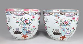 Pair Antique Famille Rose Porcelain Jardinieres