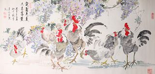 Group of Two Chinese Vintage Scrolls, Jang Jing Yu, Chickens