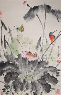 Group of Two Vintage Chinese Scrolls, Jang Jing Yu, Kingfishers