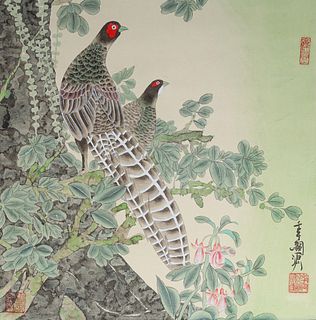 Group of Two Vintage Chinese Scrolls, Pheasants, King Fishers