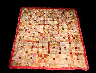 Early 20th Century Hand Stitched Silk Jacquard Uneven 9-Patch Pattern American Quilt