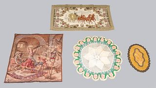 Group of Four Vintage Table Tapestries and Crocheted Doily