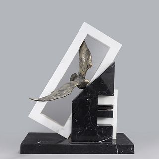 Postmodern Marble Sculpture with Brass Bird c. 1988