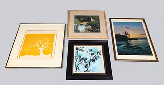 Group of Four Vintage Artwork Mix, Offset Lithographs, Woodblock, Giclee