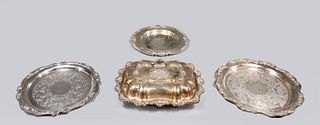 Group of Four Silver Plate Trays & Warm Serving Dish