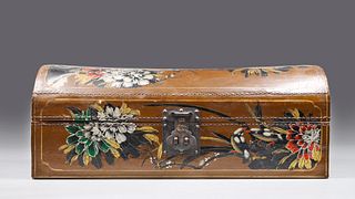 Antique Chinese Hand Painted Lacquered Leather Scroll Chest