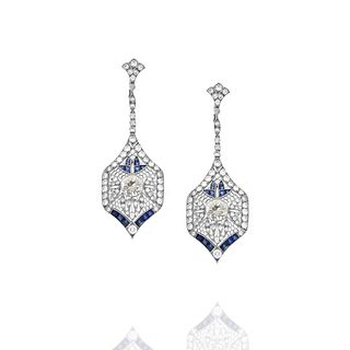 Deco Diamond, Sapphire and Platinum Earrings