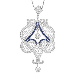 Deco Diamond and Platinum Pendant Necklace