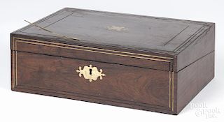 Brass inlaid rosewood lap desk, 19th c., 4 1/2'' h., 14'' w.