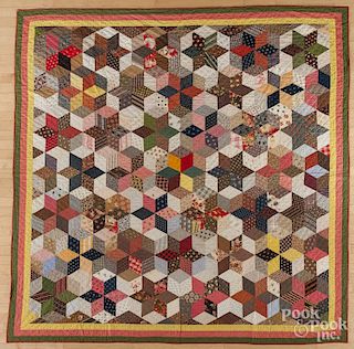 Pieced tumbling block quilt, late 19th c., 87'' x 90''.