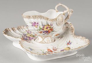 Dresden porcelain gravy boat and serving tray, 12'' l., 12 1/2'' w.