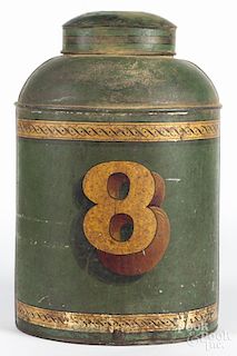 Painted #8 tin bin, late 19th c., 17 1/2'' h.