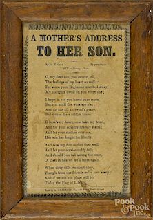 Printed poem by A. Anderson, A Mother's Address to her Son, 7 1/2'' x 4 1/2''.