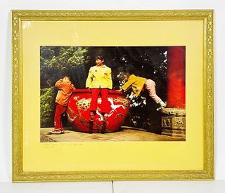 Lydia Clarke Heston Ilfochrome Photo titled Three Chinese Children and a Big Red Pot