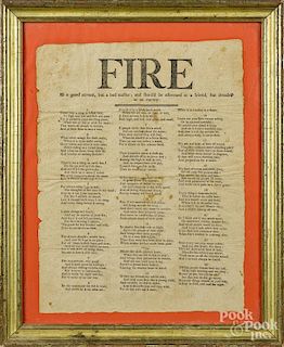 Printed poem, titled Fire, 19th c., 13'' x 10''.