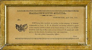 Printed Massachusetts Militia muster call, dated 1823, 3'' x 6 1/4''.