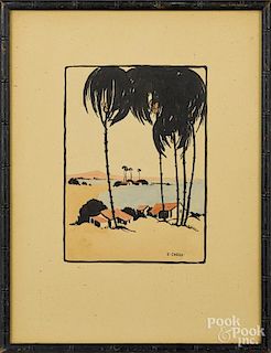 Edna Chess (American 1889-1952), watercolor tropical landscape, signed lower right, 7'' x 5''.