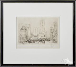 Three etchings, early 20th c., of city scenes, all signed indistinctly.