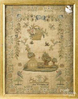 English silk on linen sampler, dated 1819, wrought by Ann Warrington, 16'' x 12''.