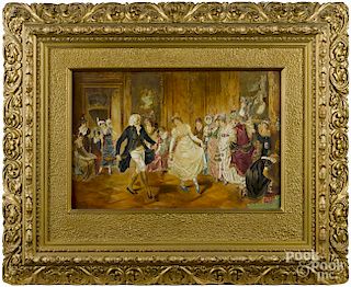 Painted enhanced lithograph of an elaborate interior scene with figures dancing, 14'' x 21''.