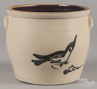 Two-gallon stoneware crock, 19th c., with cobalt bird decoration, 8 1/2'' h.