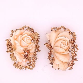 Two Gold and Coral Diamond Brooches