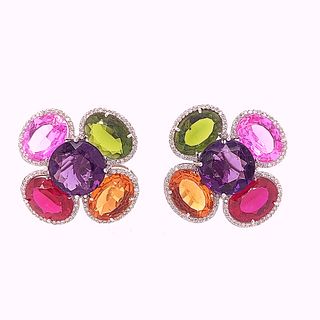 Multi Color and Diamond Flower Earrings