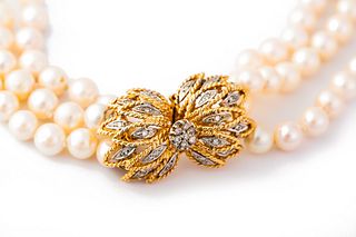 Triple Pearl Strand Necklace with Diamond Clasp