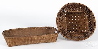 Woven sewing basket, late 19th c., likely Shaker, 4 1/2'' h., 11 1/4'' w.
