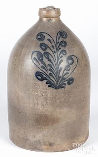 Two-gallon stoneware jug, 19th c., with cobalt floral decoration, 14'' h.