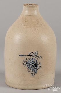 Stoneware jug, 19th c., impressed F.T. Wright & Son Taunton Mass, with a stenciled cobalt grape