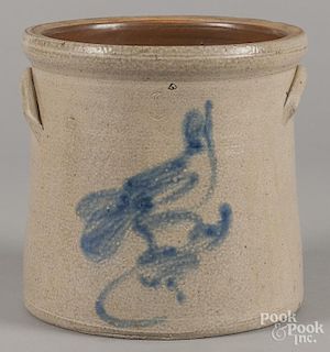 Stoneware crock, 19th c., with cobalt bird decoration, 8 1/2'' h.