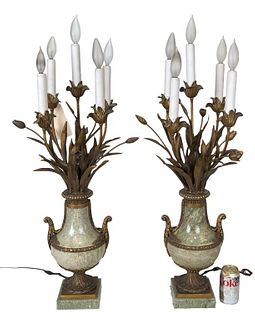 Pair Bronze Mounted Marble Urn Candelabra Lamps