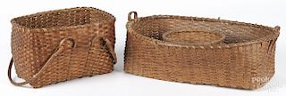 Two woven baskets, late 19th c., 6 1/2'' h., 10'' w. and 4 1/2'' h., 16 1/2'' w.