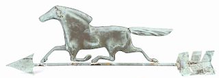 Swell-bodied copper running horse weathervane, early 20th c., 16'' h., 46'' w.