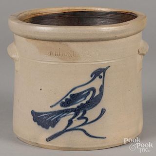 New York stoneware crock, 19th c., impressed Whites Utica, with cobalt bird decoration, 7 1/2'' h.