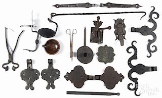 Wrought iron, 19th c., to include hinges, locks, a hanging fat lamp, etc.