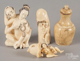 Three Japanese carved ivory erotic netsuke, together with a scent bottle with a carved nude.