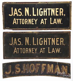 Three painted tin signs, ca. 1900, to include one for J. S. Hoffman, 4 1/2'' x 20''