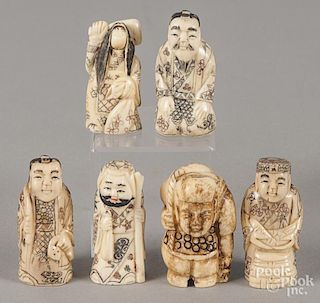 Six Japanese carved ivory/bone netsukes.