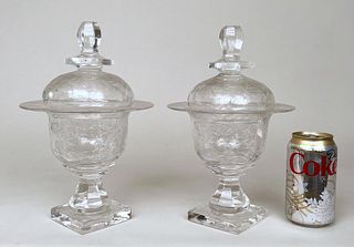 Pair Lidded Glass Compotes
