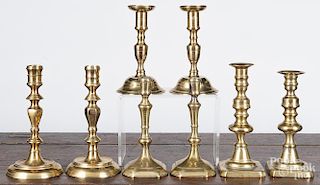 Four pairs of brass candlesticks, three are 19th c., tallest pair is contemporary, 8 1/4'' h.