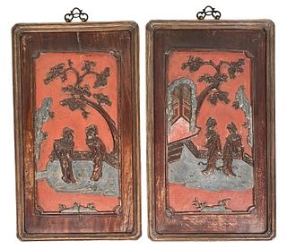 Pair Chinese Carved Giltwood Polychrome Panels