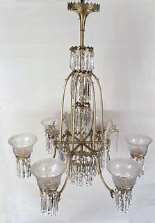 Neo-Gothic Six Light Brass/Glass Chandelier